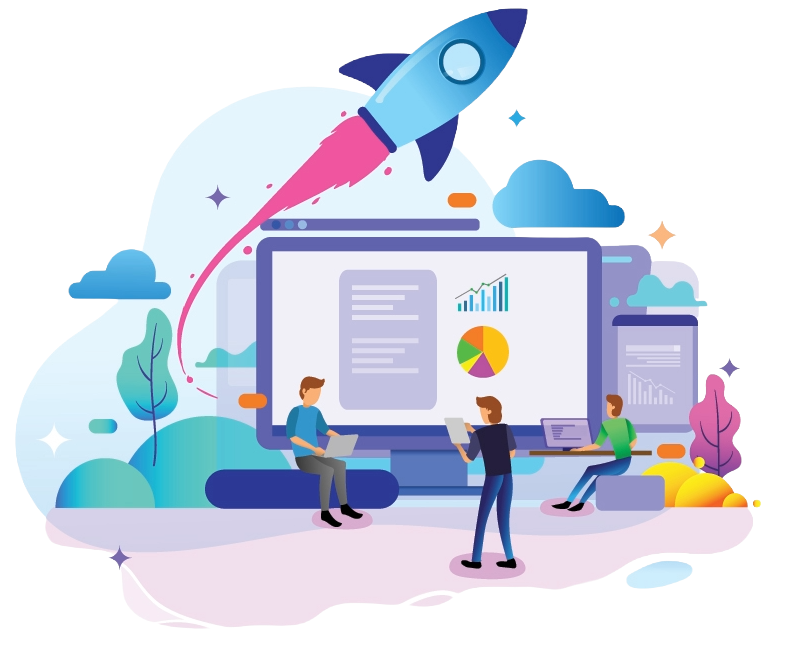 Graphic of rocket, different devices and people